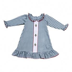 NEW MUGUET COLLECTION girl's christmas tree embroidered plaid nightgown in blue